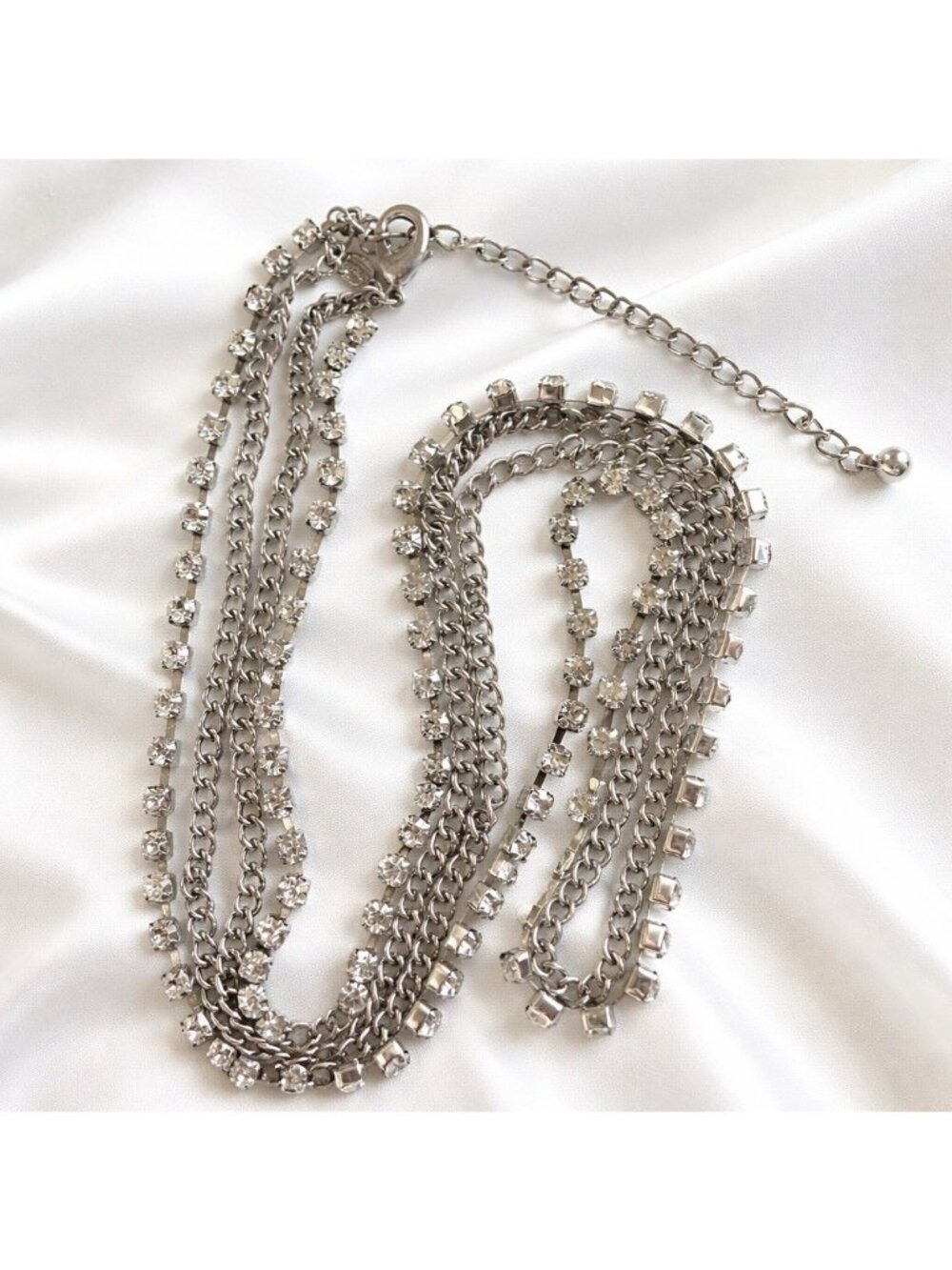 Chico's Rhinestone Double Chain Necklace 36 Silver Tone - Picture 3 of 6